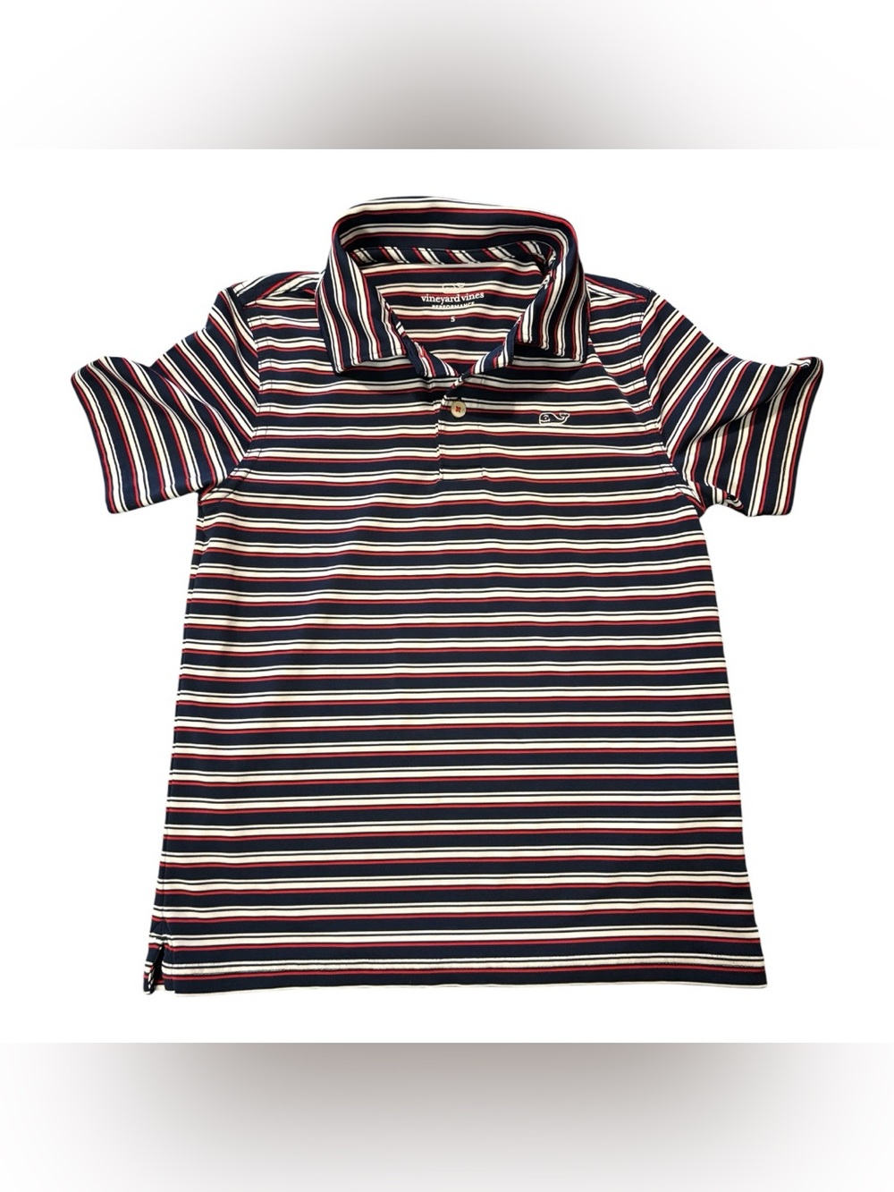 Vineyard Vines Boys Striped Performance Polo in Navy, White & Red